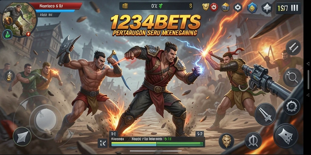 Tampilan pertarungan seru di 1234BETS dengan karakter yang beraksi.