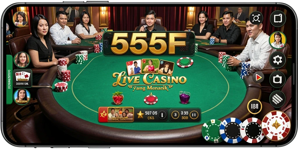 Screenshot gameplay Live Casino dari 555F menampilkan dealer langsung dan suasana kasino yang nyata.