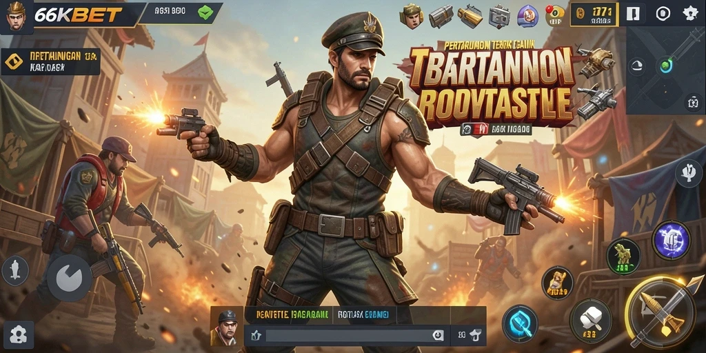 Screenshot utama 66KBET menampilkan aksi nyata dalam pertempuran Battle Royale.