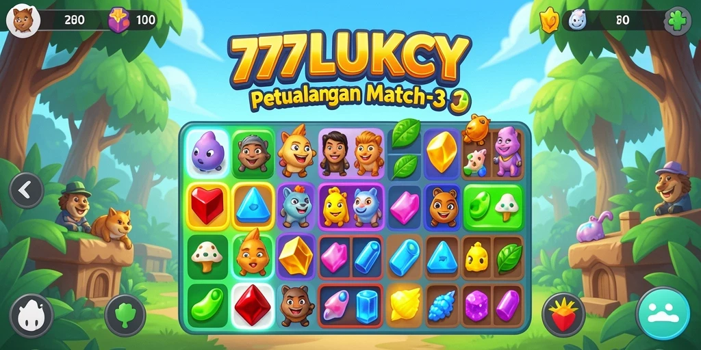 Tampilan permainan 777LUKCY dengan permata berwarna-warni.