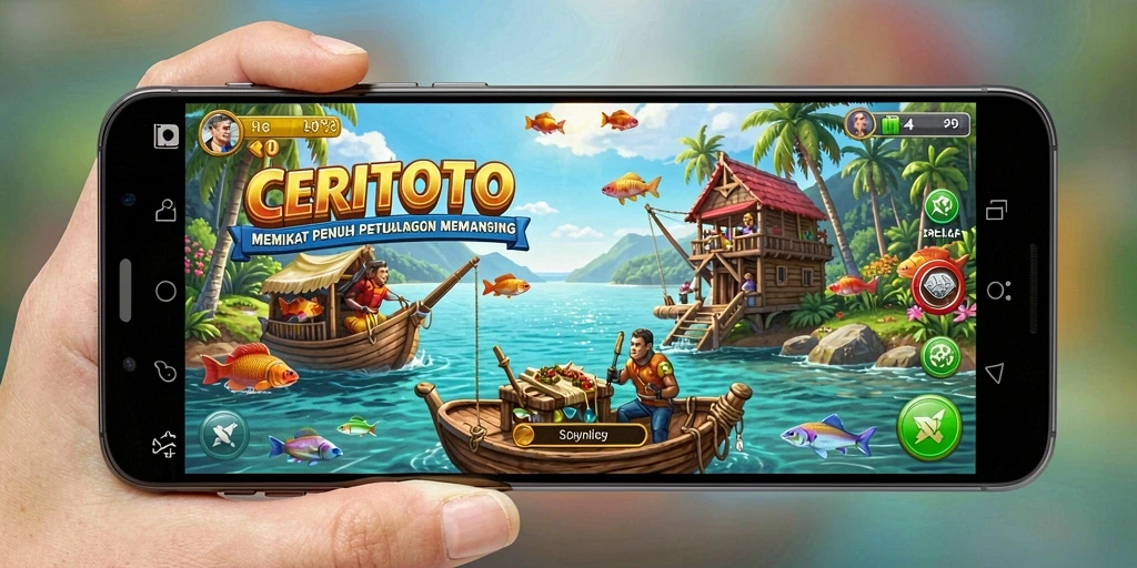 Screenshot utama CERITOTO menampilkan pemain sedang memancing di danau yang indah.