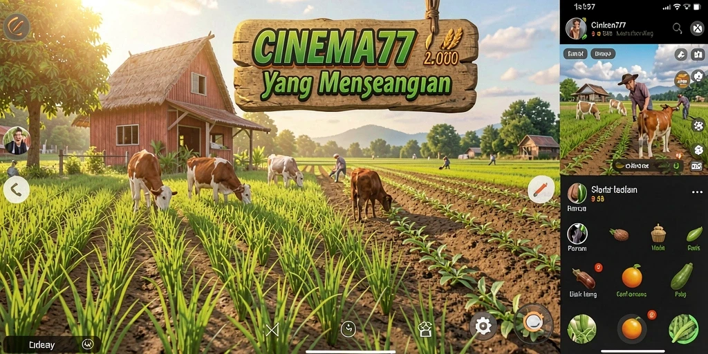 Tangkapan layar utama menunjukkan aktivitas bertani yang seru di CINEMA77.