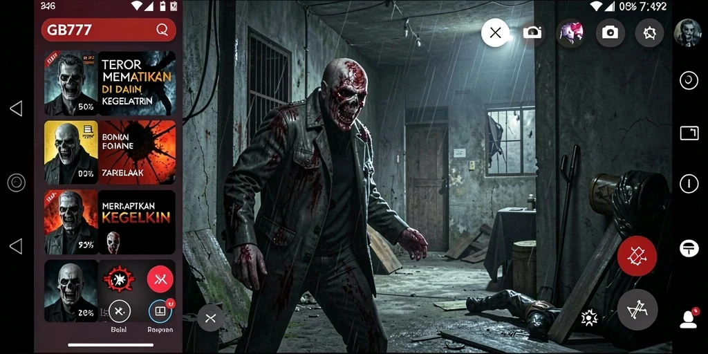 Screenshot dari gameplay GB777 menampilkan suasana horor yang mencekam.