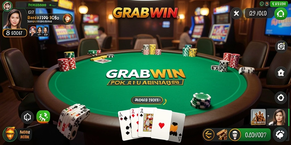Tampilan gameplay seru dalam aplikasi GRABWIN yang menampilkan aksi poker.