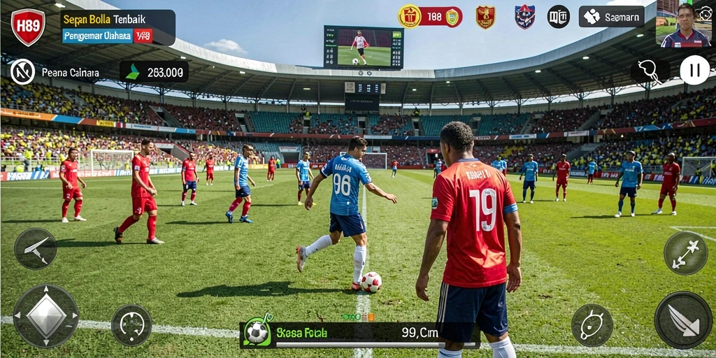 Screenshot gameplay H89 yang menunjukkan pertandingan sepak bola penuh aksi.