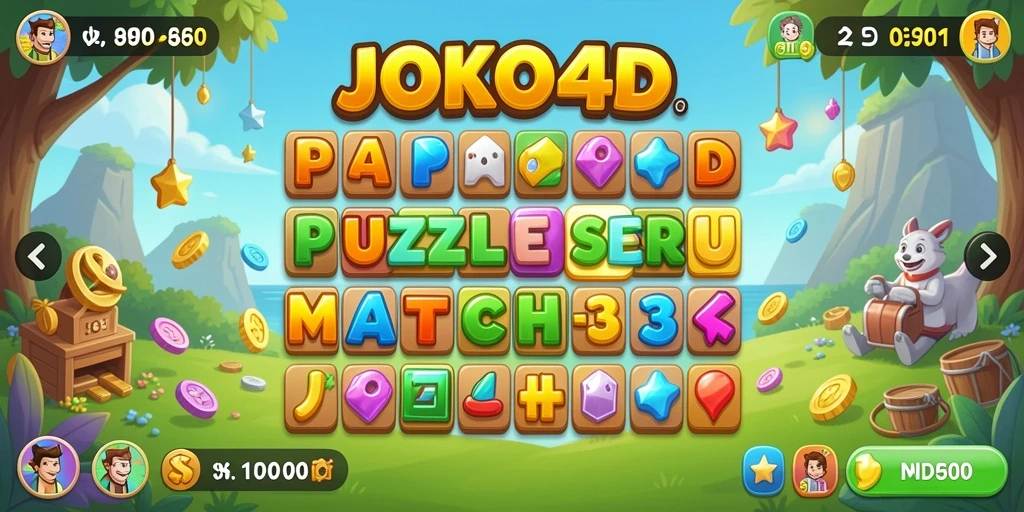 Tangkapan layar utama JOKO4D menampilkan serunya gameplay Match-3 yang penuh warna.