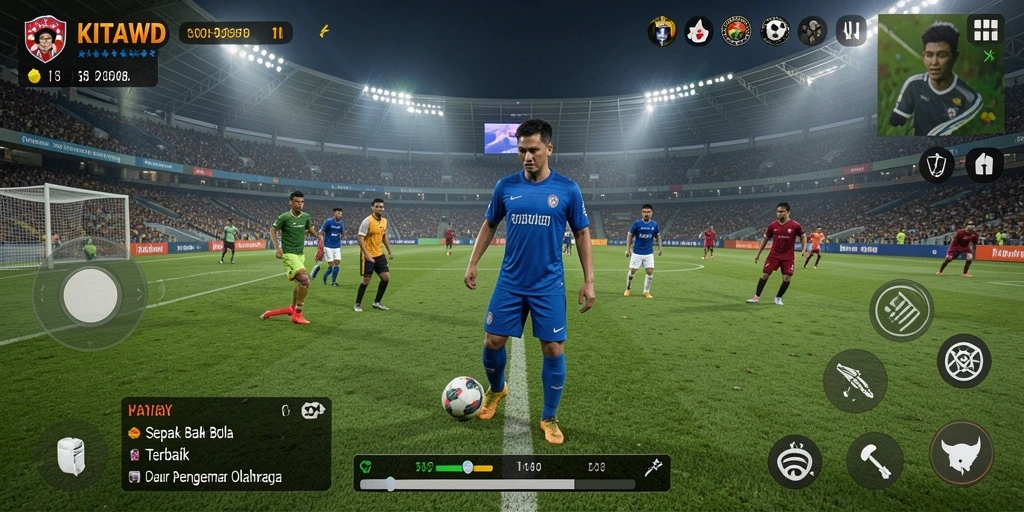 Screenshot gameplay KITAWD yang menunjukkan aksi seru di lapangan sepak bola.