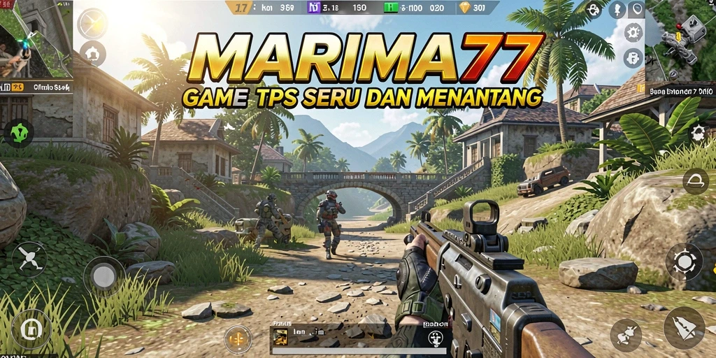 Screenshot game MARIMA77 yang menunjukkan aksi tembak-menembak di medan pertempuran.