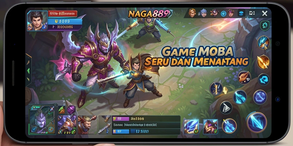 Screenshot gameplay NAGA889 menunjukkan aksi seru pertempuran antar tim MOBA.