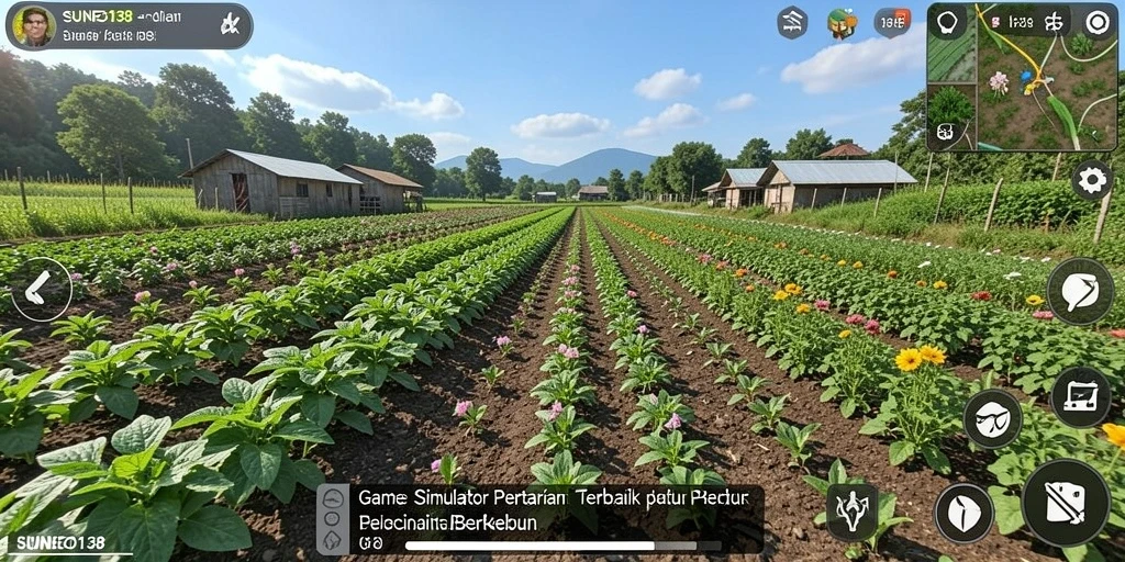Tampilan gameplay SUNEO138 dengan ladang pertanian yang hijau dan aktivitas berkebun.