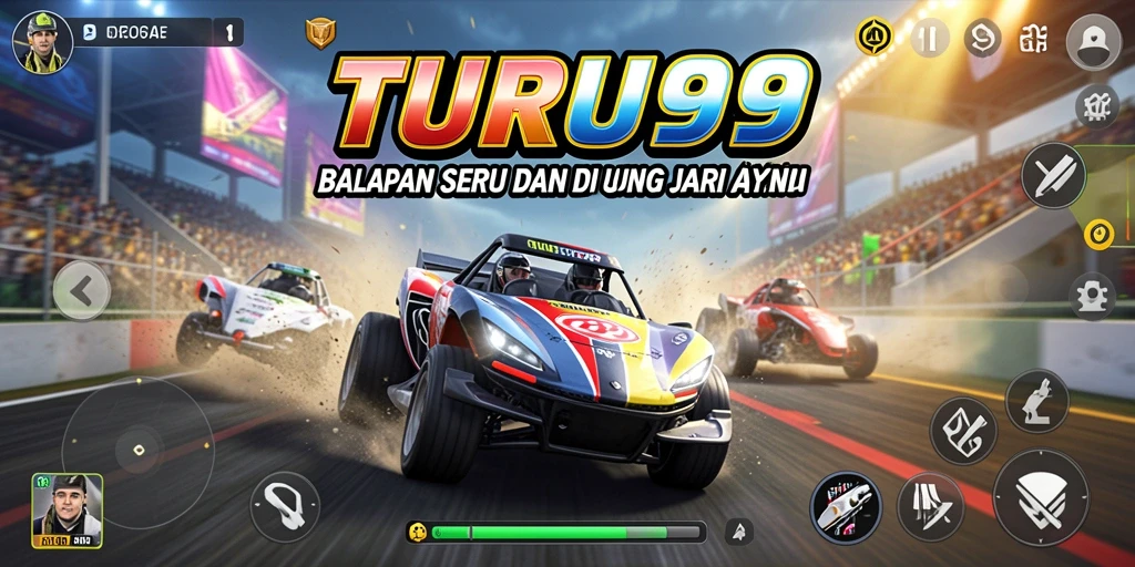 Tampilan utama TURU99 menampilkan aksi balapan yang menegangkan dan kendaraan cepat.